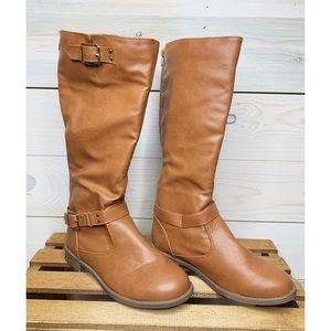 Tall Brown Faux Leather Boots with Buckle